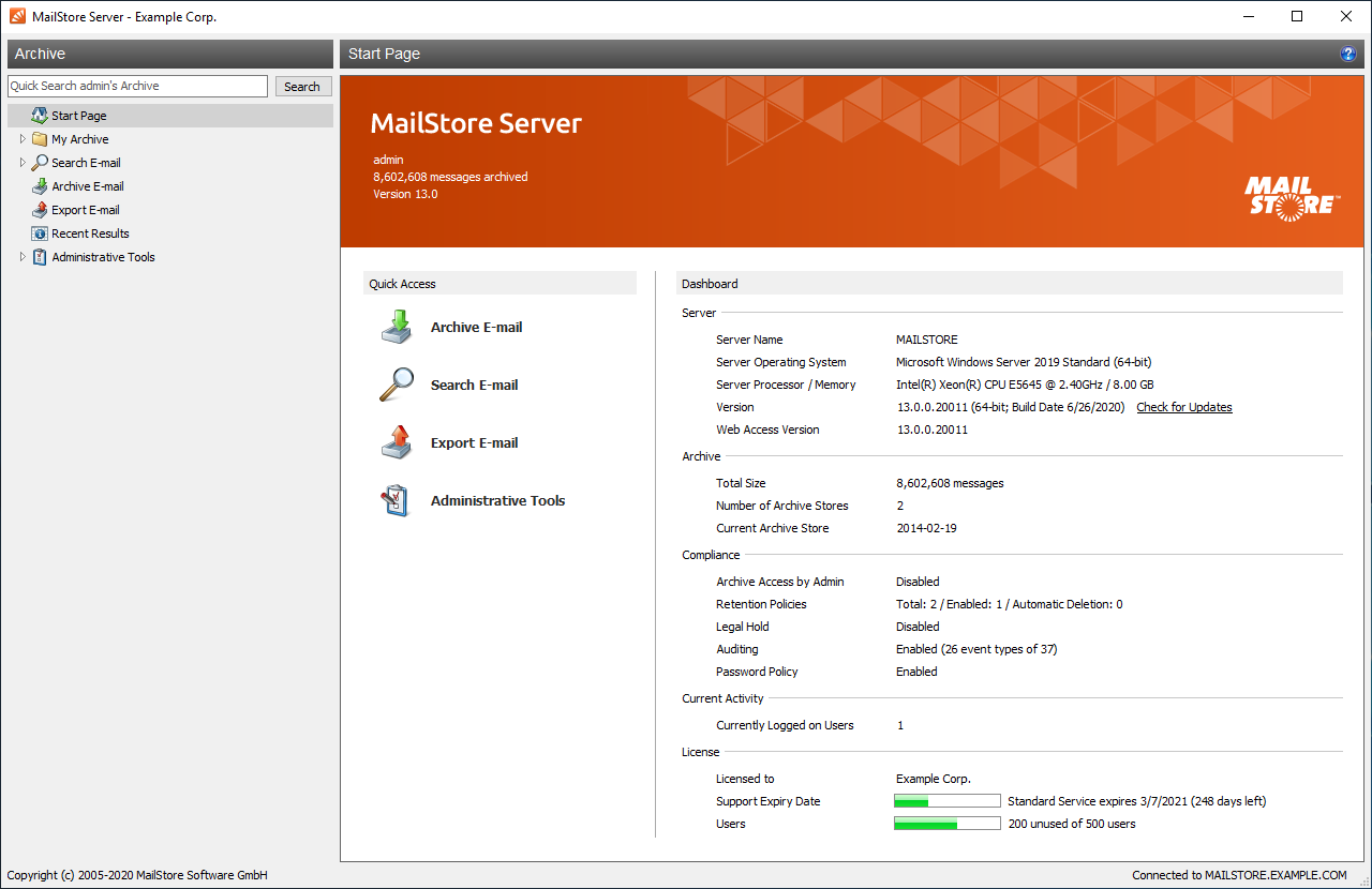 screenshot of MailStore Server